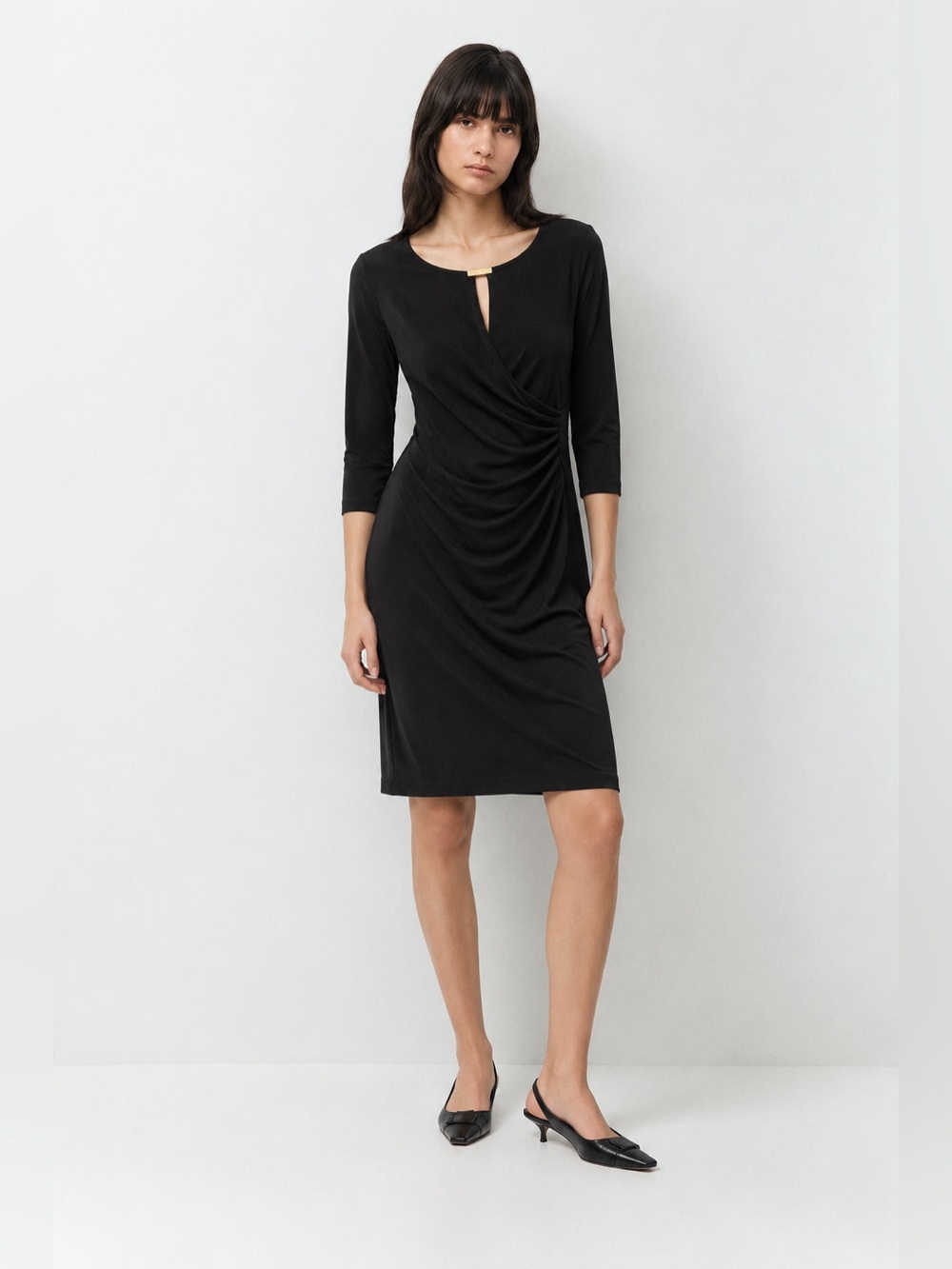 Lauren Ralph Lauren Black Draped Ruched Faux Wrap Sheath Dress LBD | Size 6